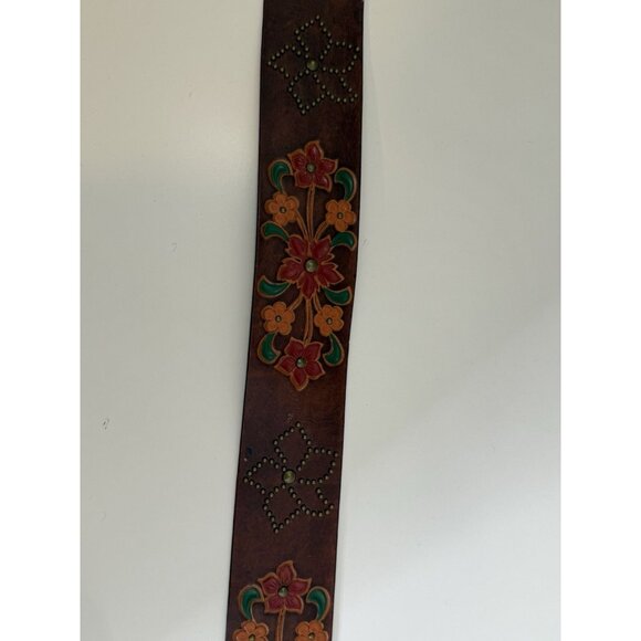 Leather Belt M Brown Floral Boho Studded 2.5" wide Tooled Leather Brass Buckle - Picture 6 of 16